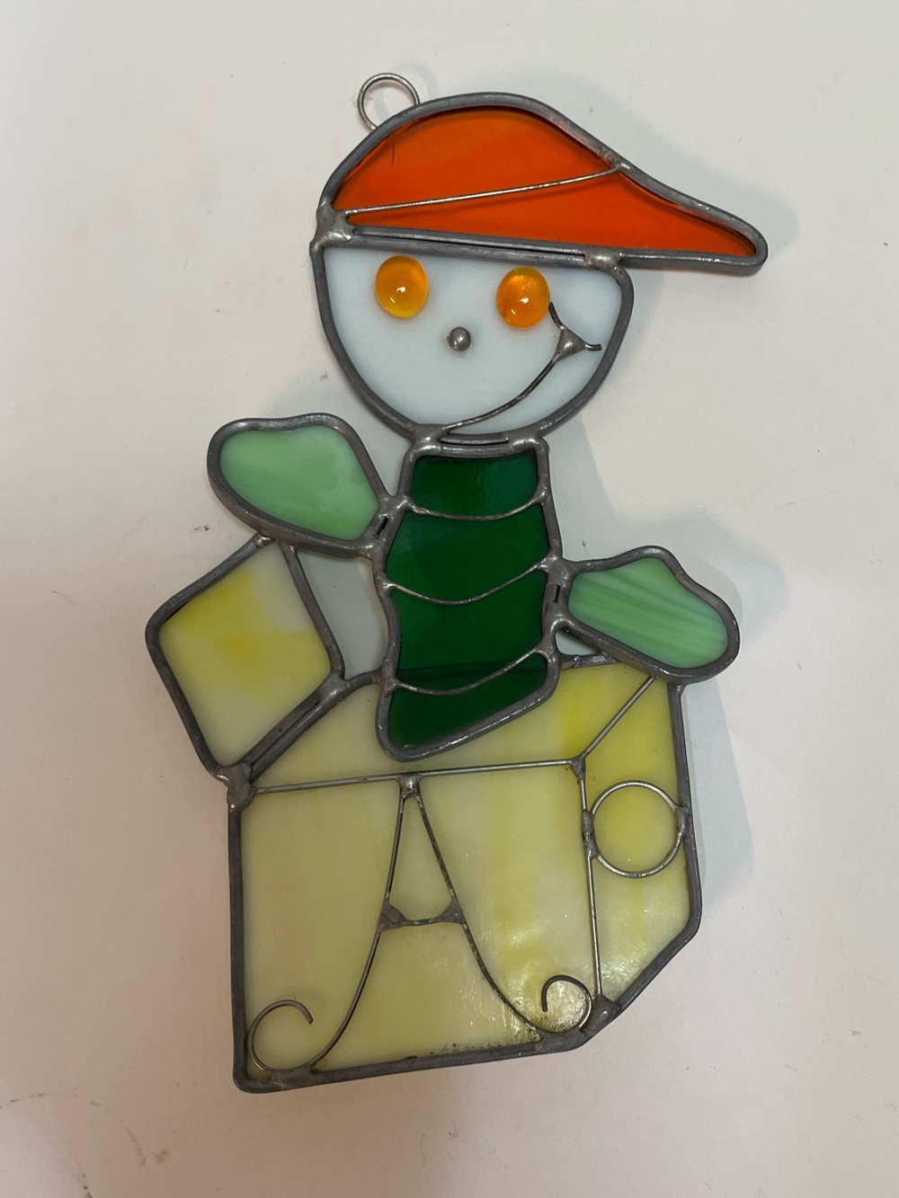 Vtg Stained Glass Suncatcher handmade multicolor boy w/ smiley face whimsical